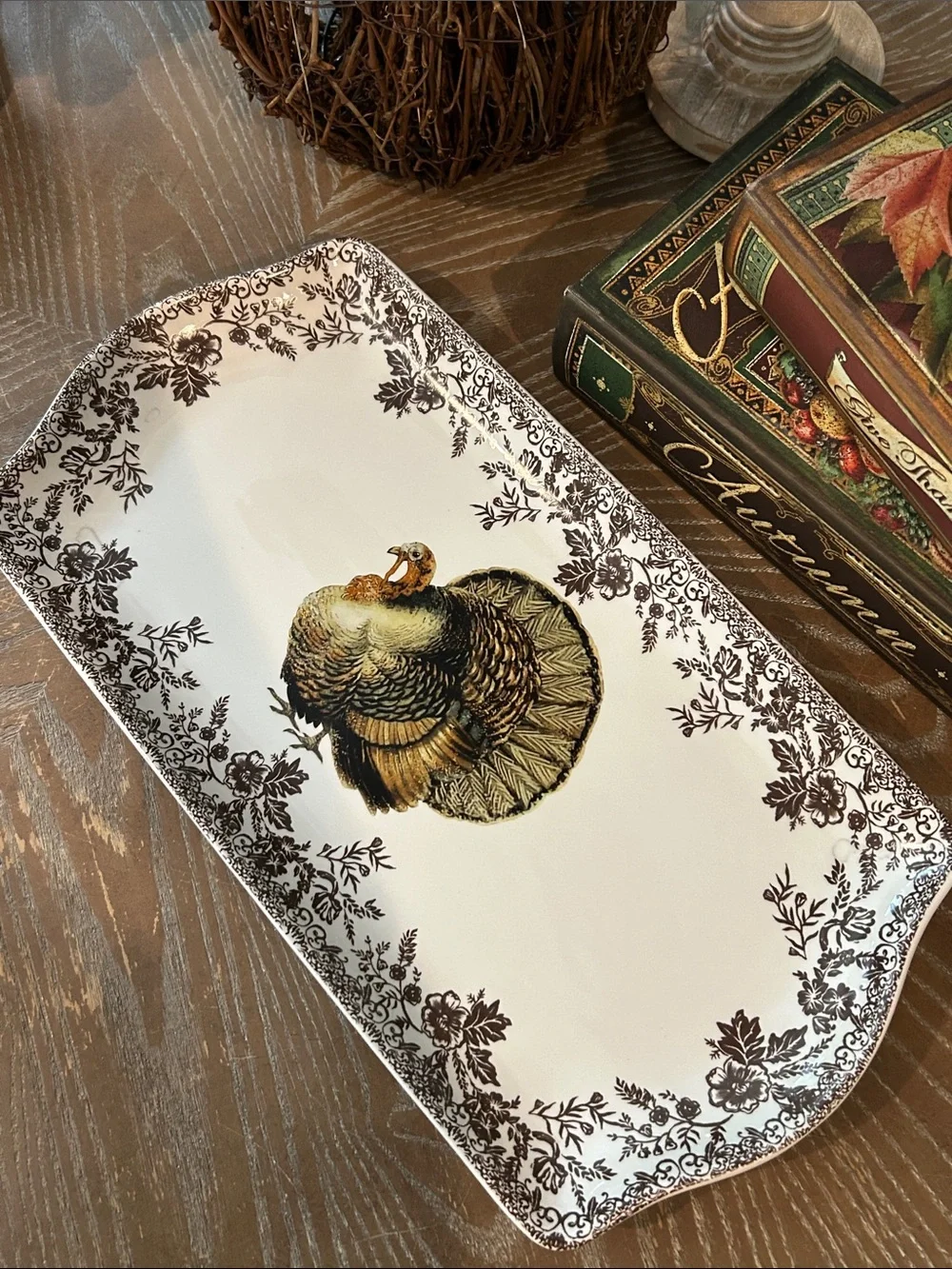 NEW! Fall Harvest Toile Ceramic Thanksgiving Turkey Serving Platter Tray